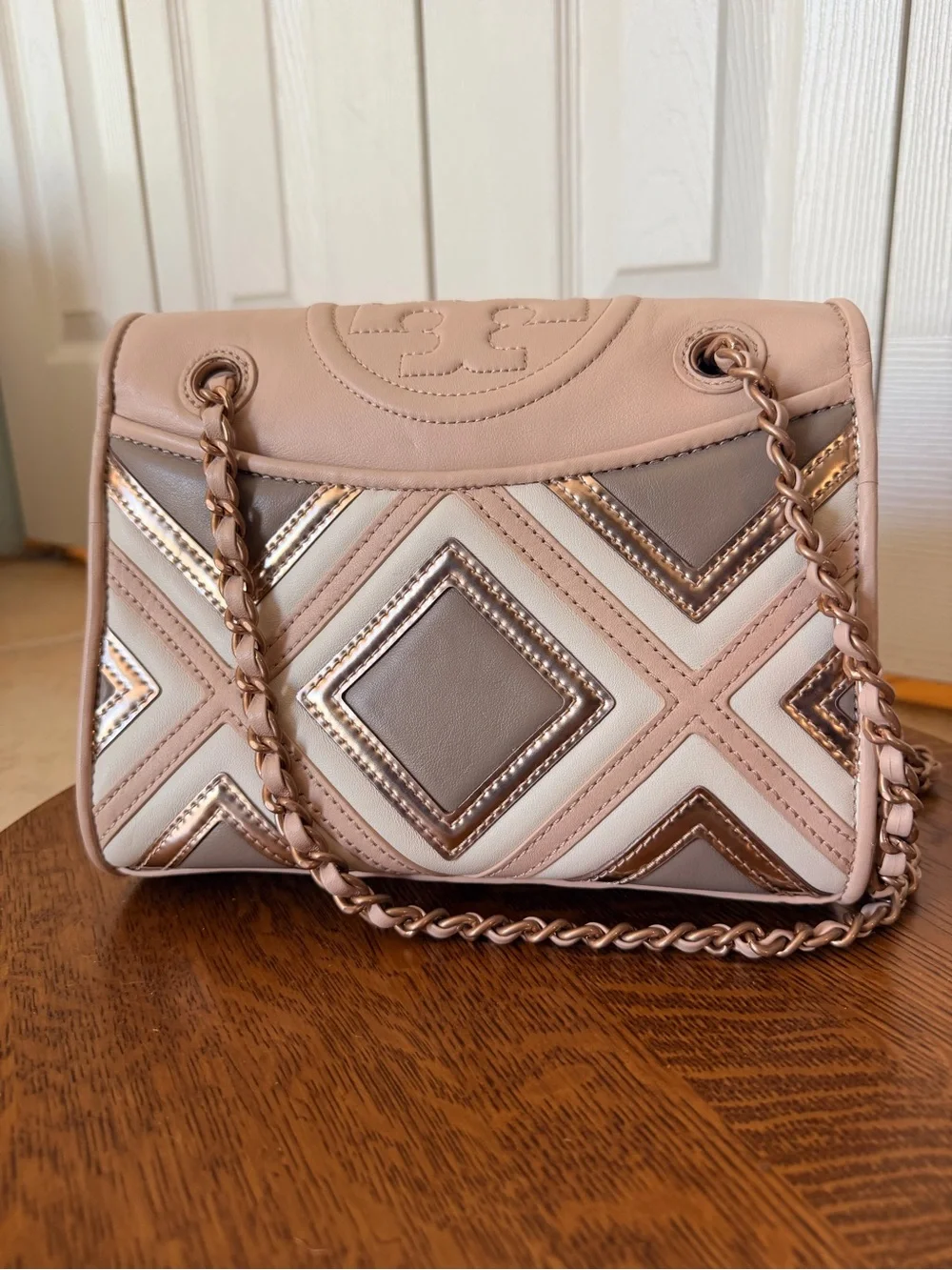 Tory Burch Pink, Taupe & Cream Quilted Chain Shoulder Bag